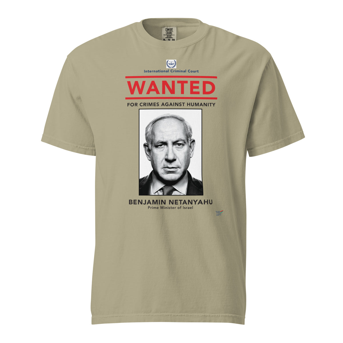 Khaki T-shirt, front view, with a wanted-poster design with a monochrome portrait and red 'WANTED' text.