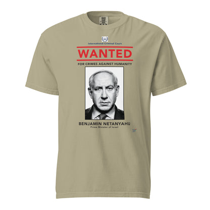 Khaki T-shirt, front view, with a wanted-poster design with a monochrome portrait and red 'WANTED' text.