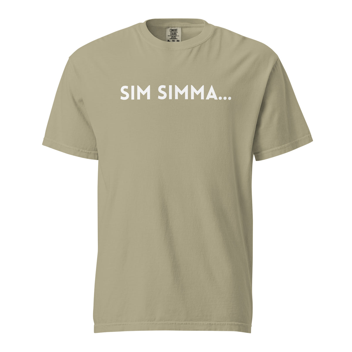 Khaki T-shirt, front view with white "SIM SIMMA..." lettering.