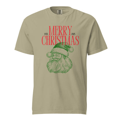 Khaki T-shirt, front view with a green Santa face and red "Merry Christmas" lettering.