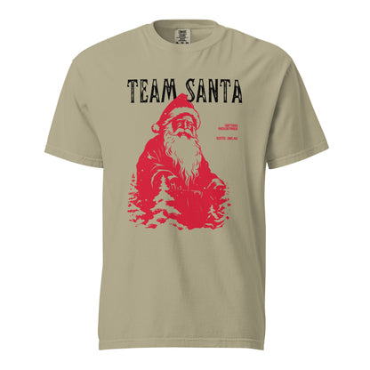 Khaki T-shirt, front view, with a red Santa and tree illustration beneath black 'Team Santa' text.
