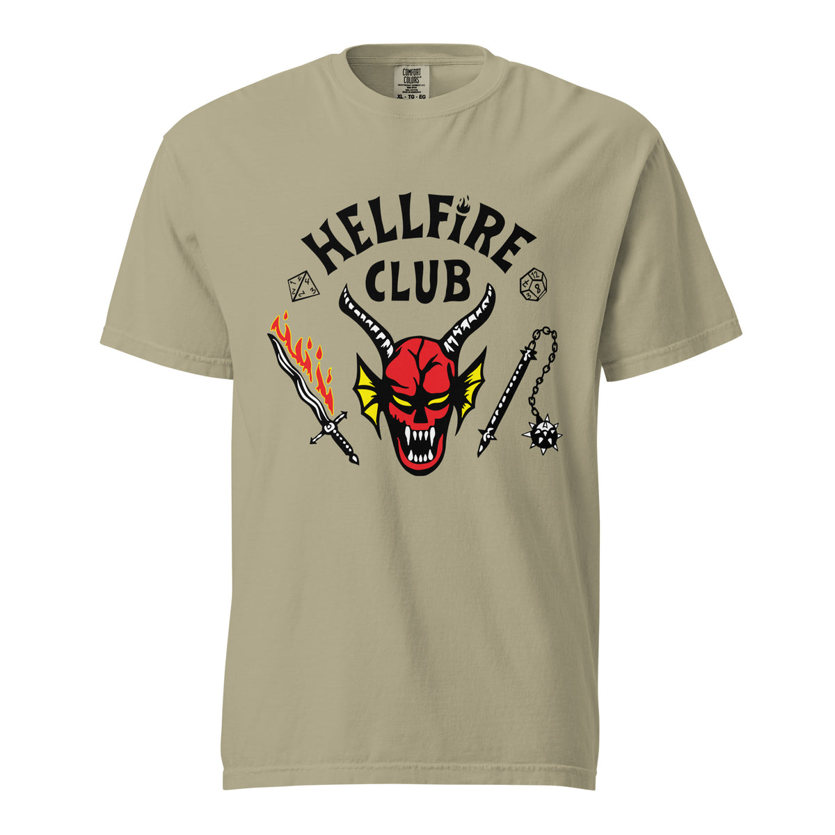 Khaki T-shirt, front view, with a red horned face beneath black 'Hellfire Club' lettering.