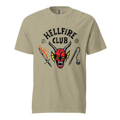 Khaki T-shirt, front view, with a red horned face beneath black 'Hellfire Club' lettering.