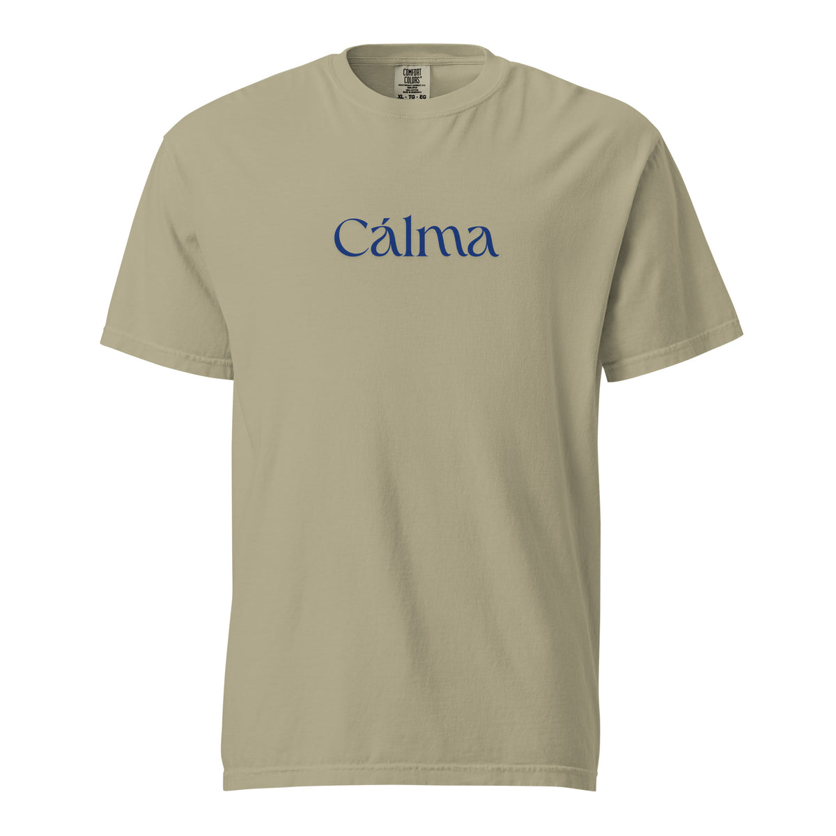 Khaki T-shirt, front view, with blue 'Calma' lettering.