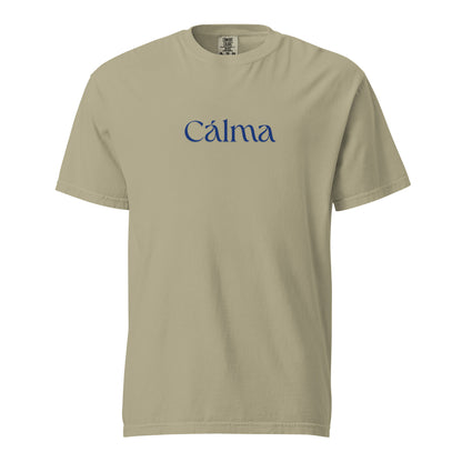 Khaki T-shirt, front view, with blue 'Calma' lettering.