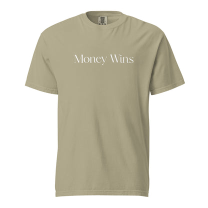 Khaki T-shirt, front view, with white 'Money Wins' lettering.