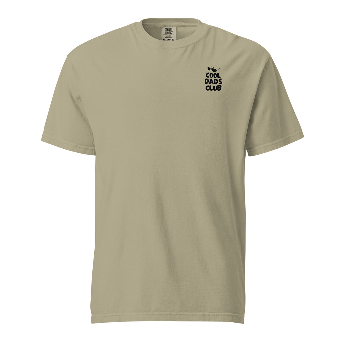 Khaki T-shirt, front view, with small black 'Cool Dads Club' chest lettering.