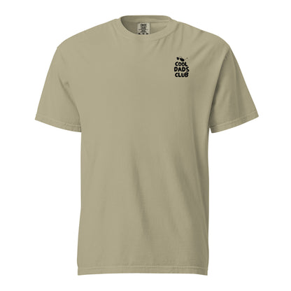 Khaki T-shirt, front view, with small black 'Cool Dads Club' chest lettering.