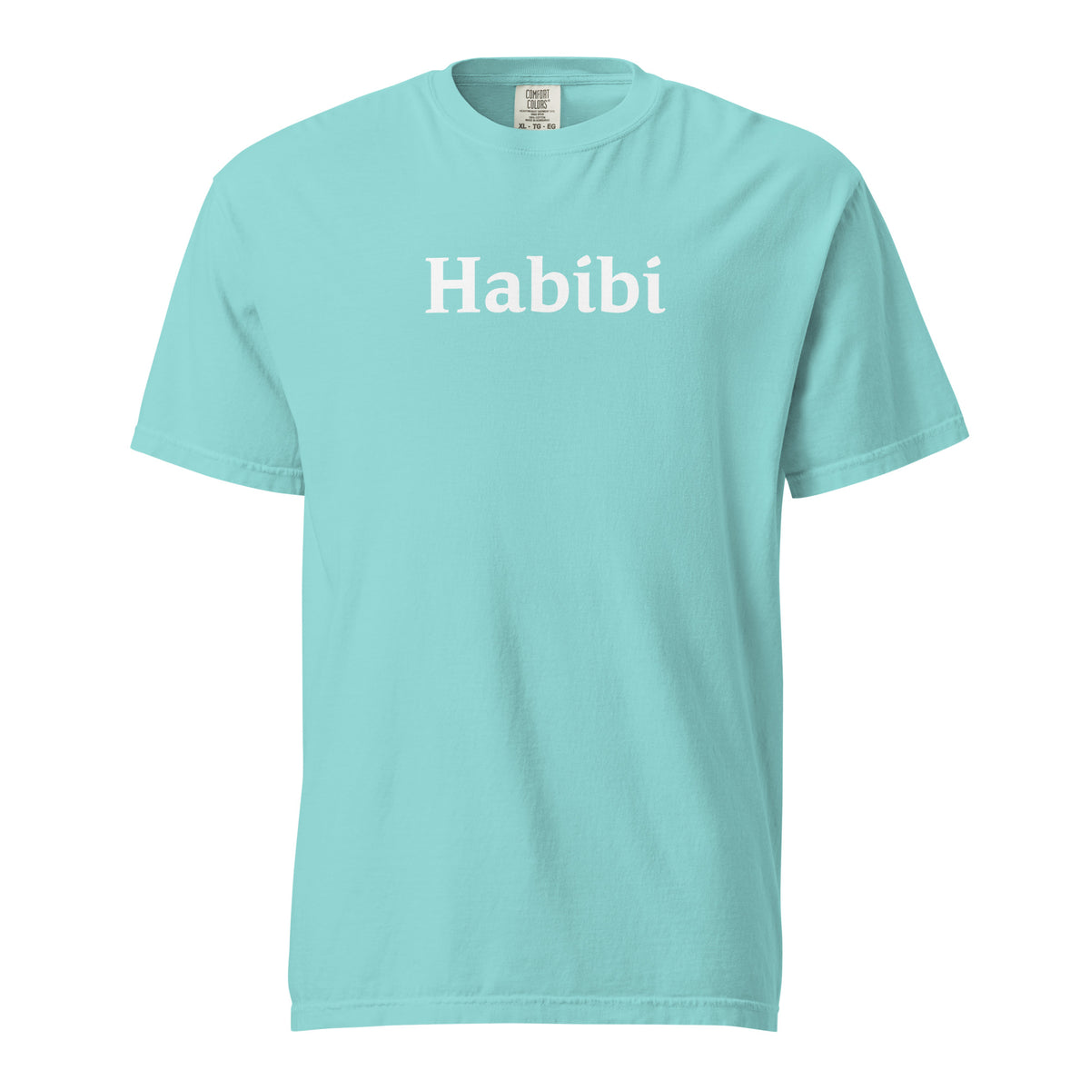 Lagoon Blue T-shirt, front view with white "Habibi" lettering.