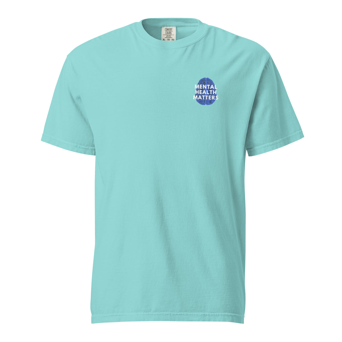 Lagoon Blue T-shirt, front view with a small blue-and-white "Mental Health Matters" chest design.