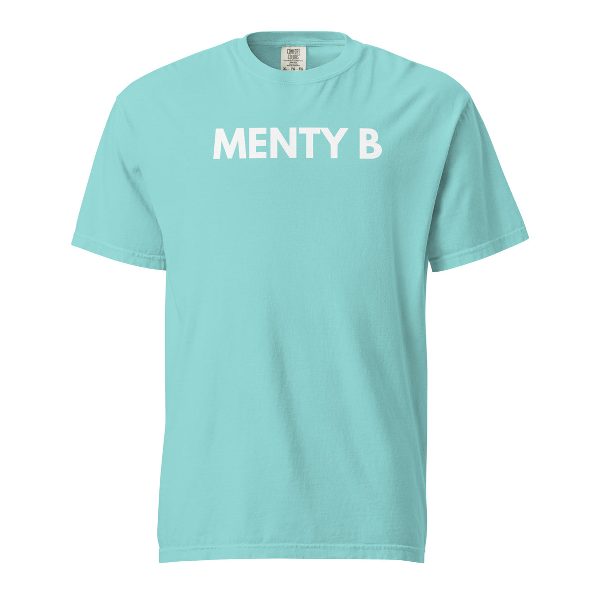 Lagoon Blue T-shirt, front view with white "MENTY B" lettering.