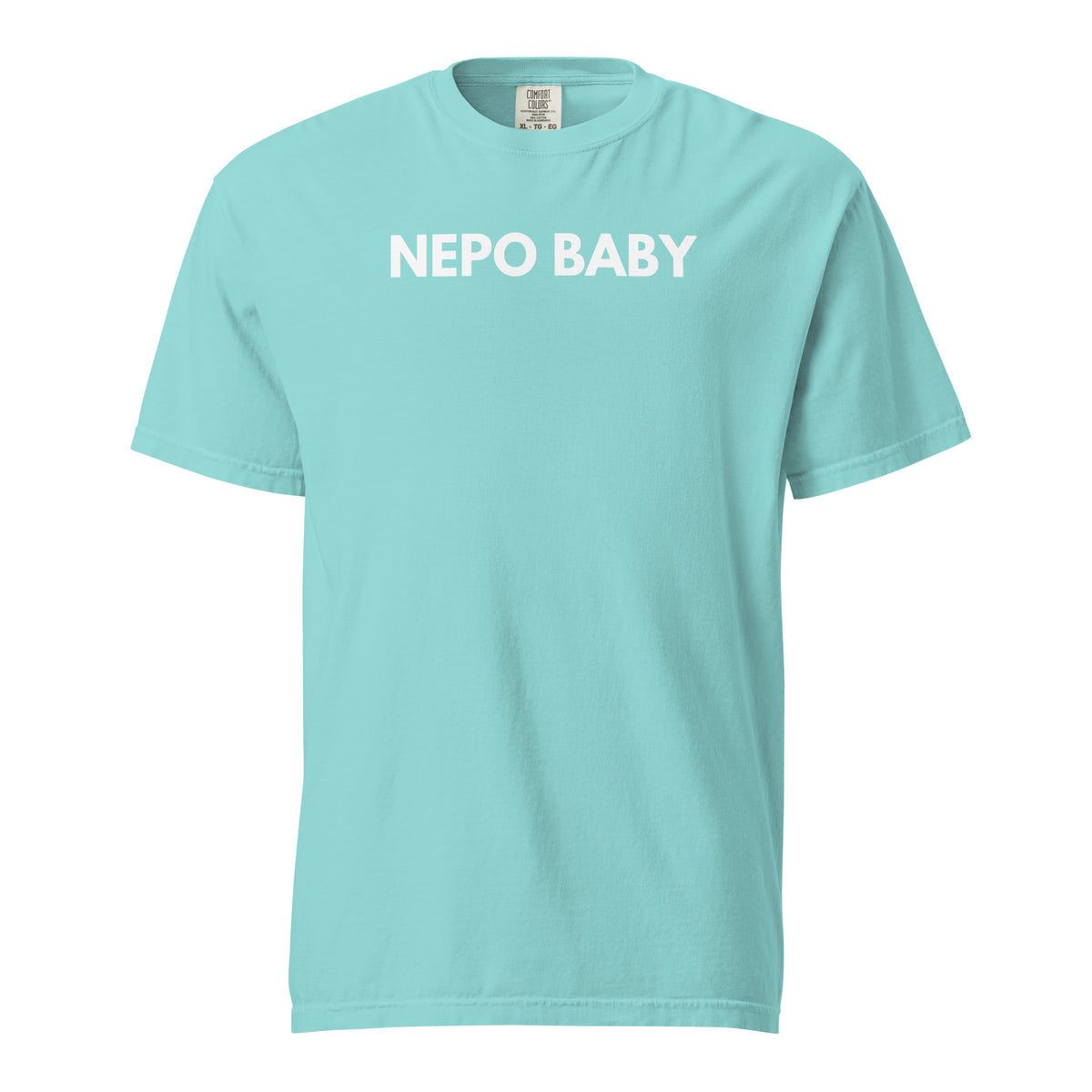 Lagoon Blue T-shirt, front view, with white 'NEPO BABY' lettering.