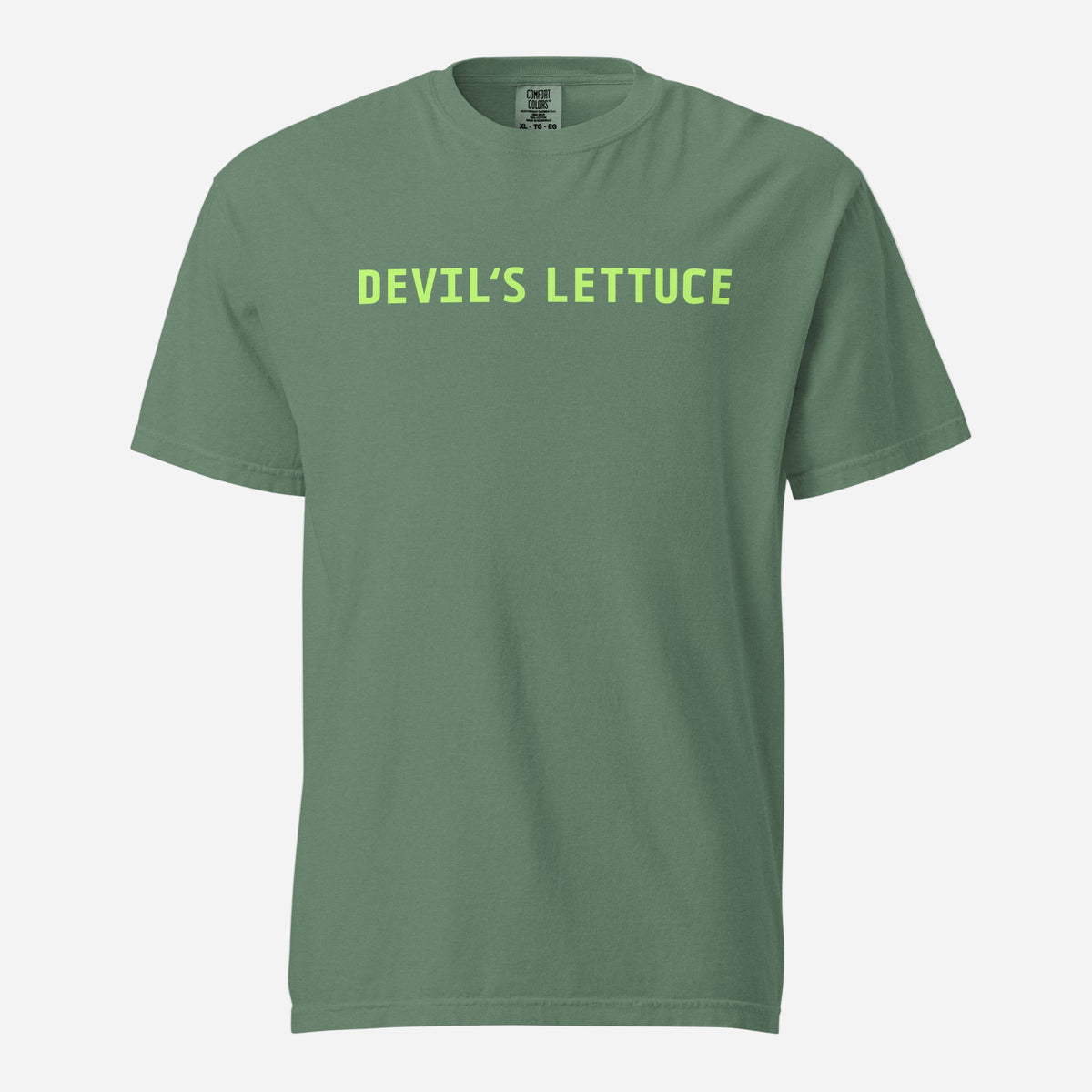 Light Green T-shirt, front view with bright green "Devilâ€™s Lettuce" lettering.
