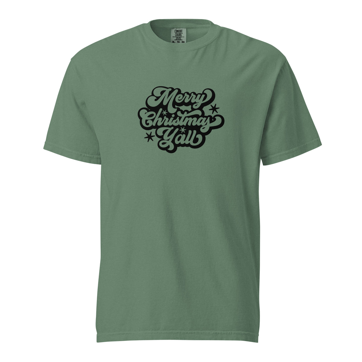 Light Green T-shirt, front view, with black 'Merry Christmas Y'all' script and stars.