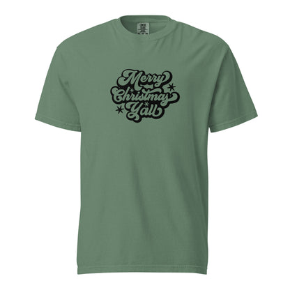 Light Green T-shirt, front view, with black 'Merry Christmas Y'all' script and stars.