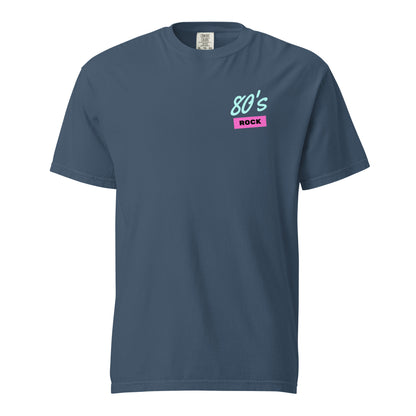 Midnight T-shirt, front view, with small mint '80s' lettering above a pink 'ROCK' label on the chest.
