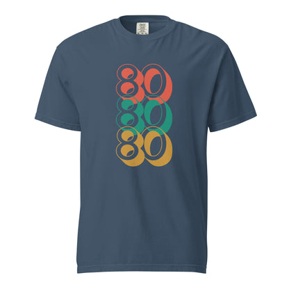 Midnight T-shirt, front view with stacked red, green and yellow "80" numerals.
