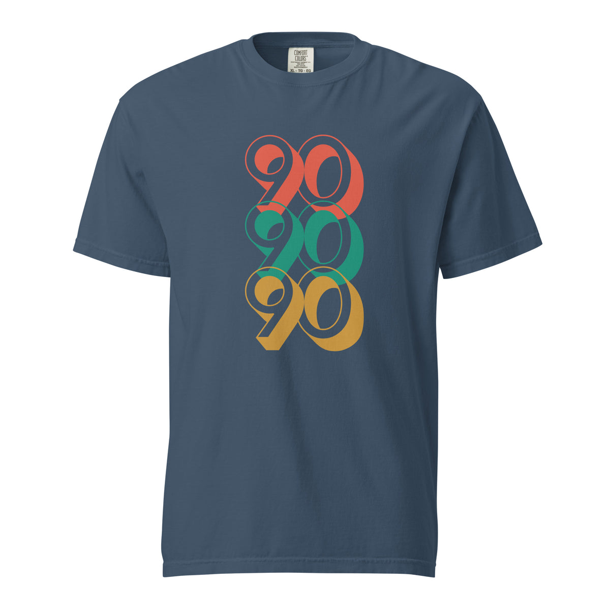 Midnight T-shirt with stacked red, green and yellow 90 numerals, front view.