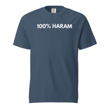 Midnight T-shirt, front view, with white '100% HARAM' lettering.