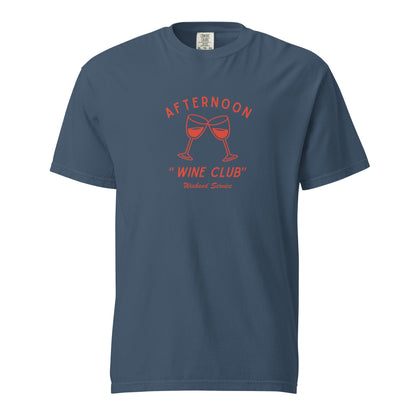 Midnight T-shirt, front view with red wine-glass graphics and "Afternoon Wine Club" lettering.