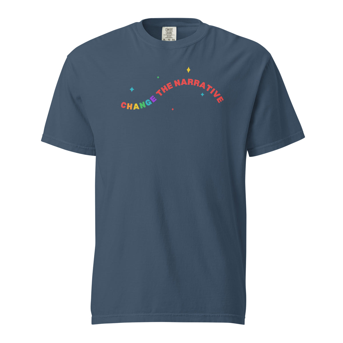 Midnight T-shirt, front view with rainbow "Change the Narrative" lettering.
