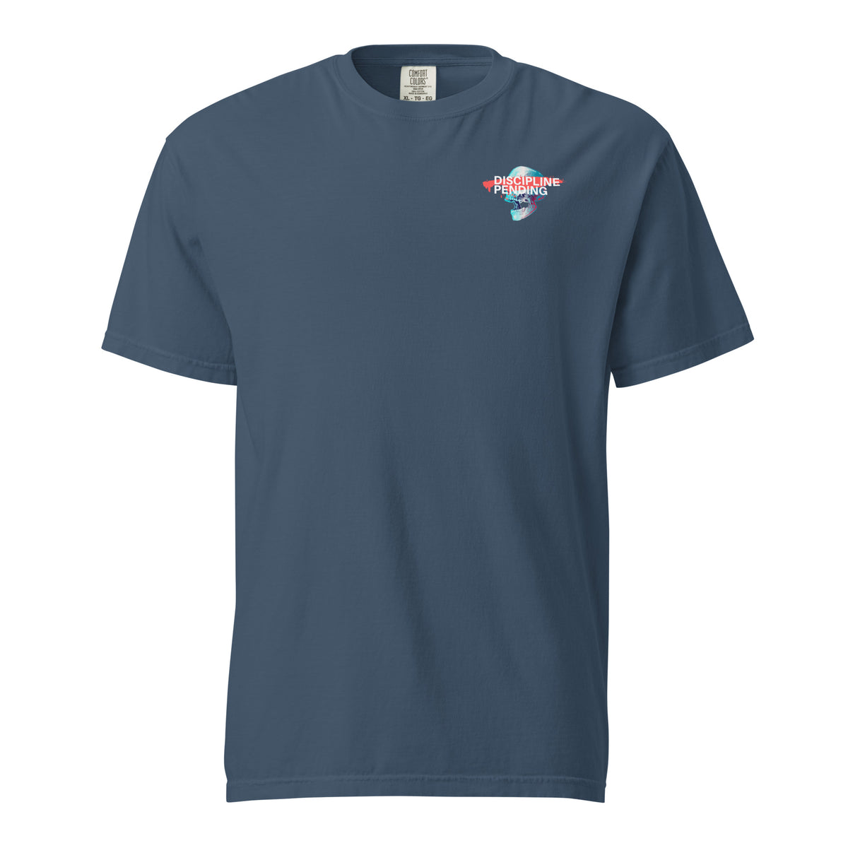 Midnight T-shirt with a small blue skull graphic with red bar, front view.