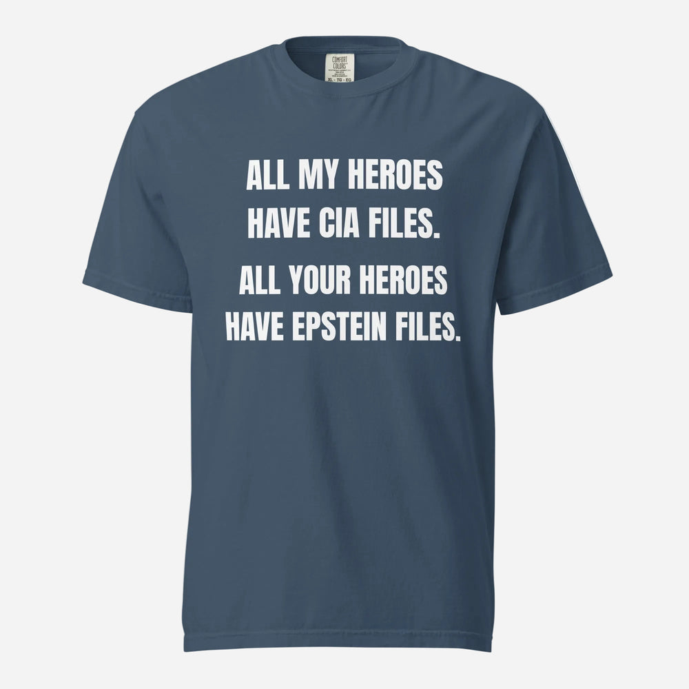 Midnight T-shirt with white All My Heroes Have CIA Files slogan, front view.