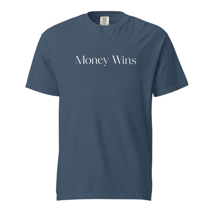 Midnight T-shirt, front view, with white 'Money Wins' lettering.