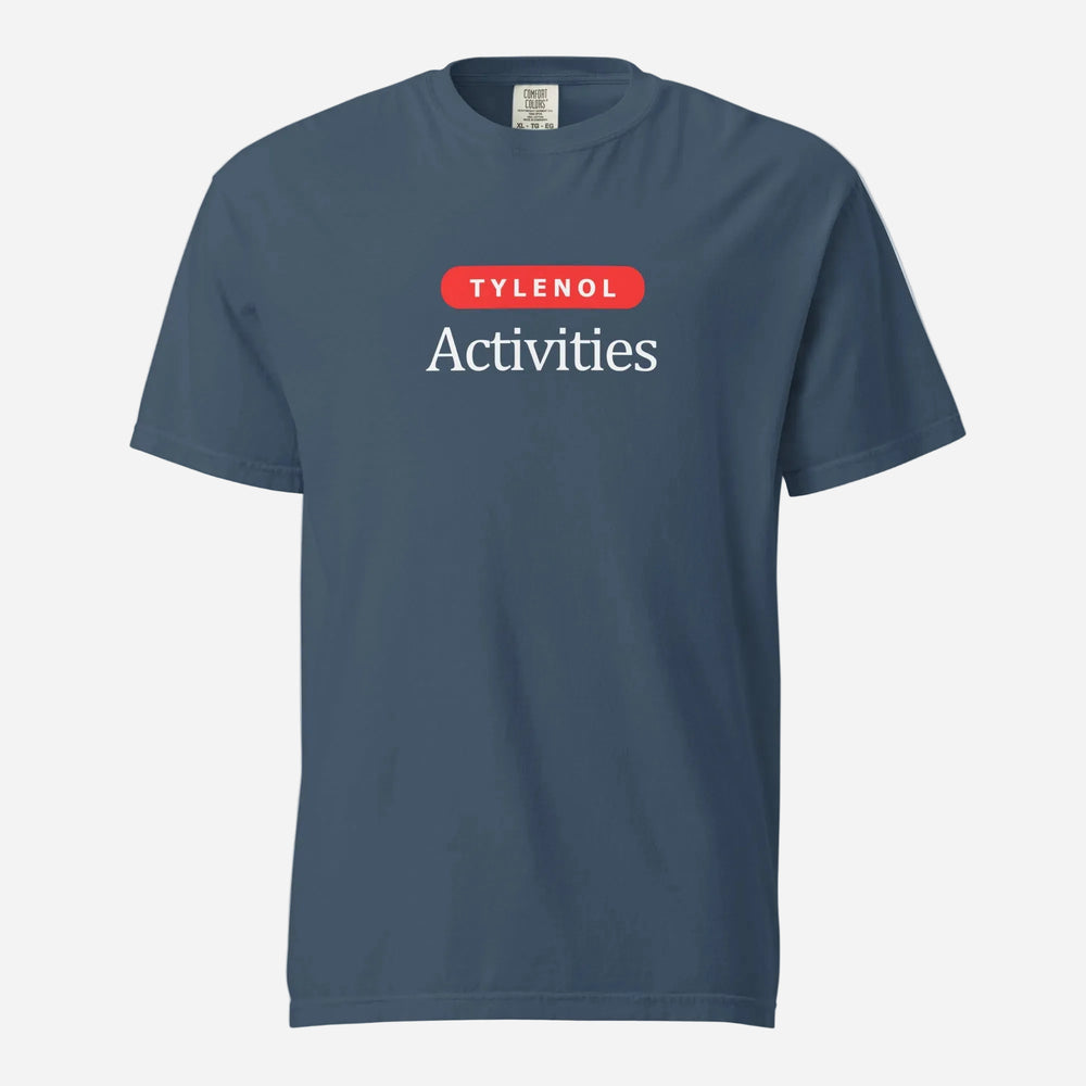 Midnight T-shirt, front view, with a red 'Tylenol' label above white 'Activities' lettering.