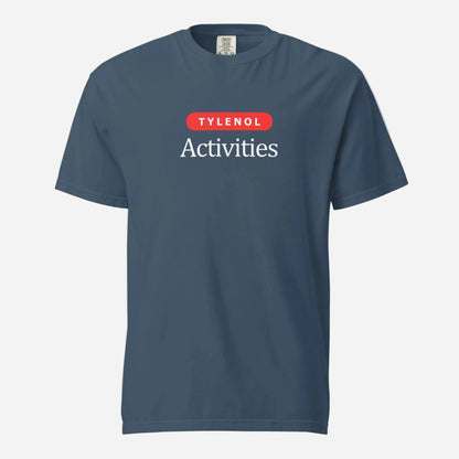 Midnight T-shirt, front view, with a red 'Tylenol' label above white 'Activities' lettering.