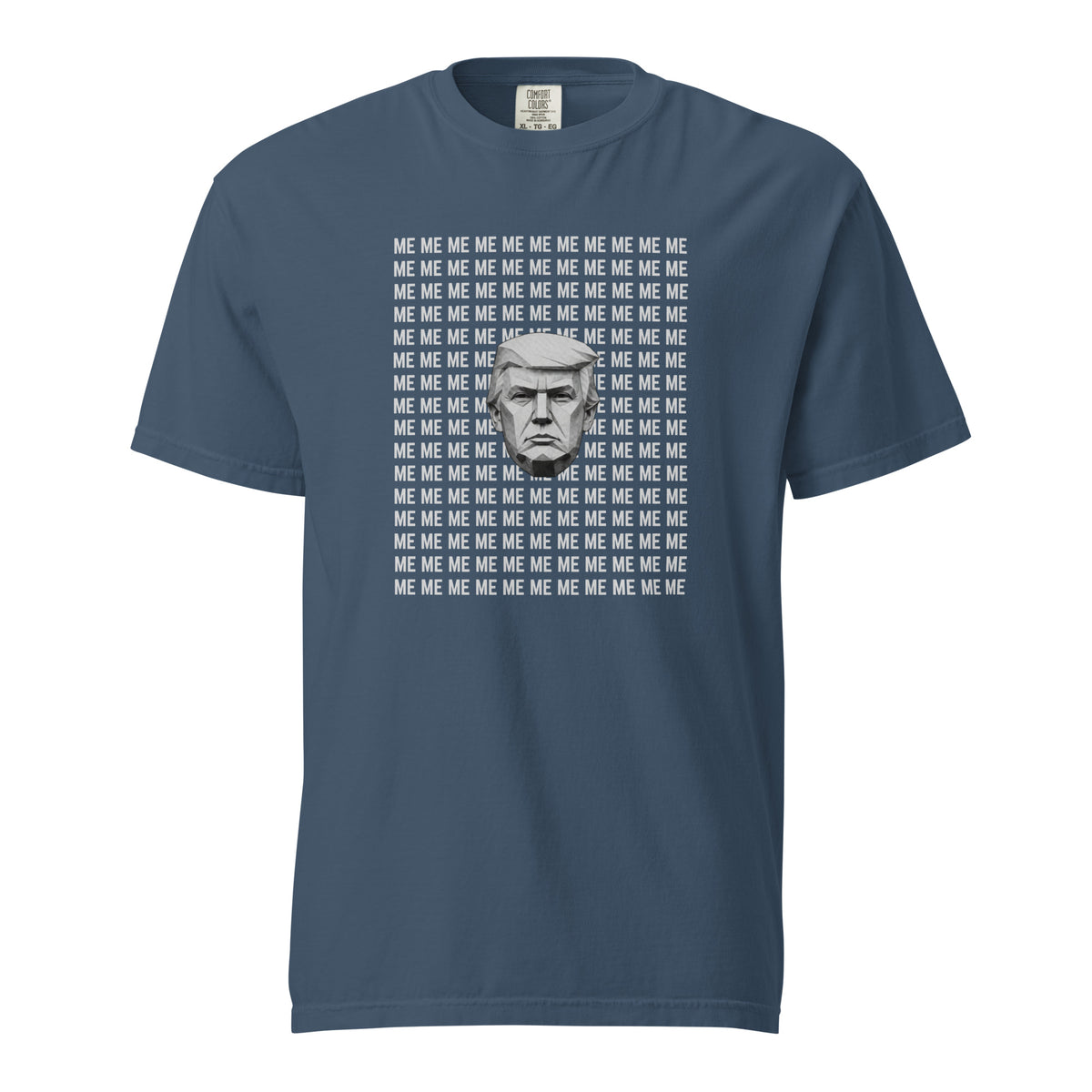 Midnight T-shirt, front view with a grayscale Trump portrait surrounded by repeated ME text.