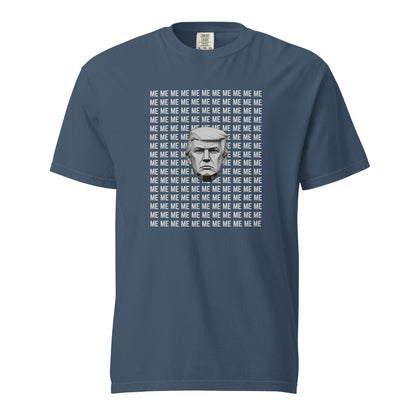 Midnight T-shirt, front view with a grayscale Trump portrait surrounded by repeated ME text.