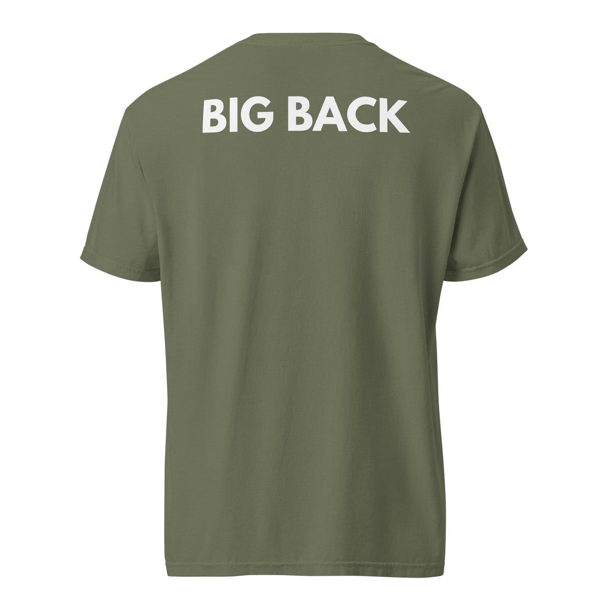 Moss T-shirt with white Big Back lettering, back view.