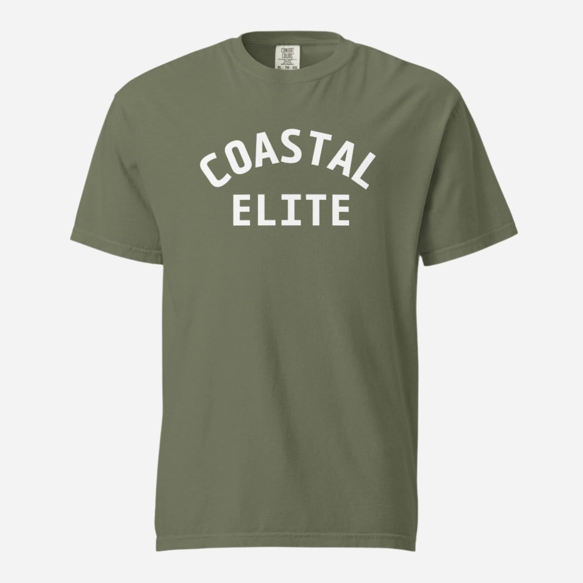 Moss T-shirt, front view with white arched "Coastal Elite" lettering.