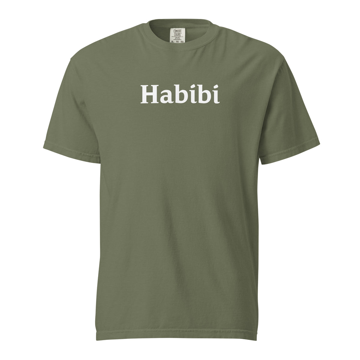 Moss T-shirt, front view with white "Habibi" lettering.