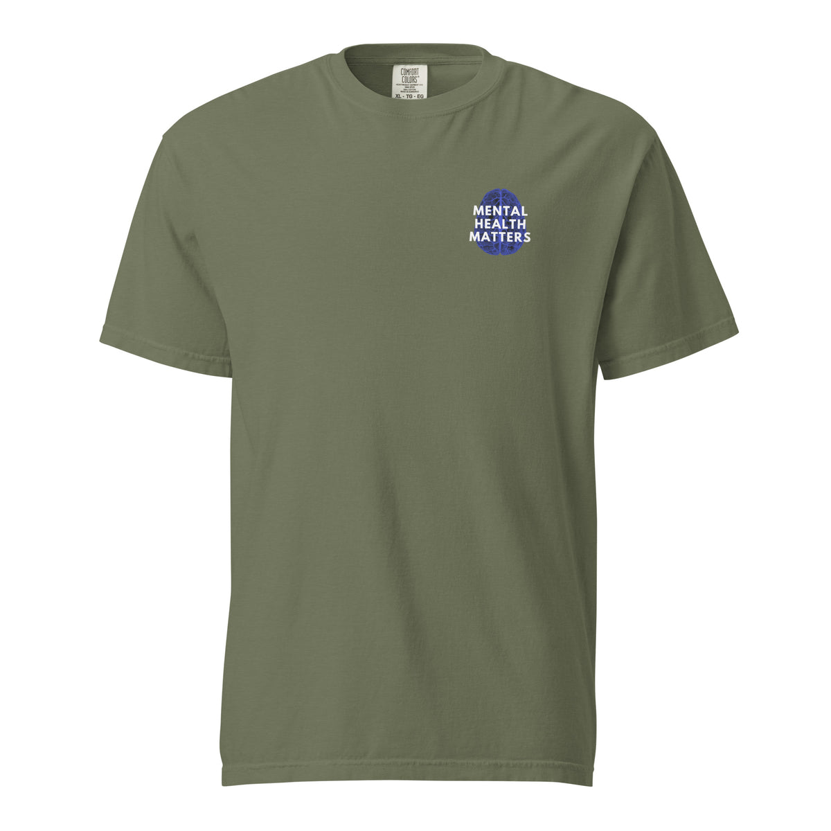 Moss T-shirt, front view with a small blue-and-white "Mental Health Matters" chest design.