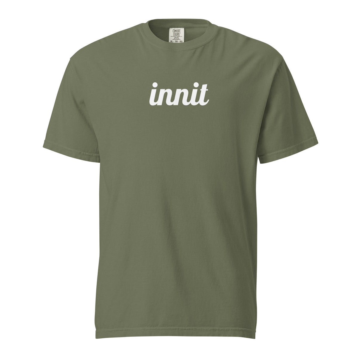 Innit T-shirt in Moss, front view with white "innit" lettering.