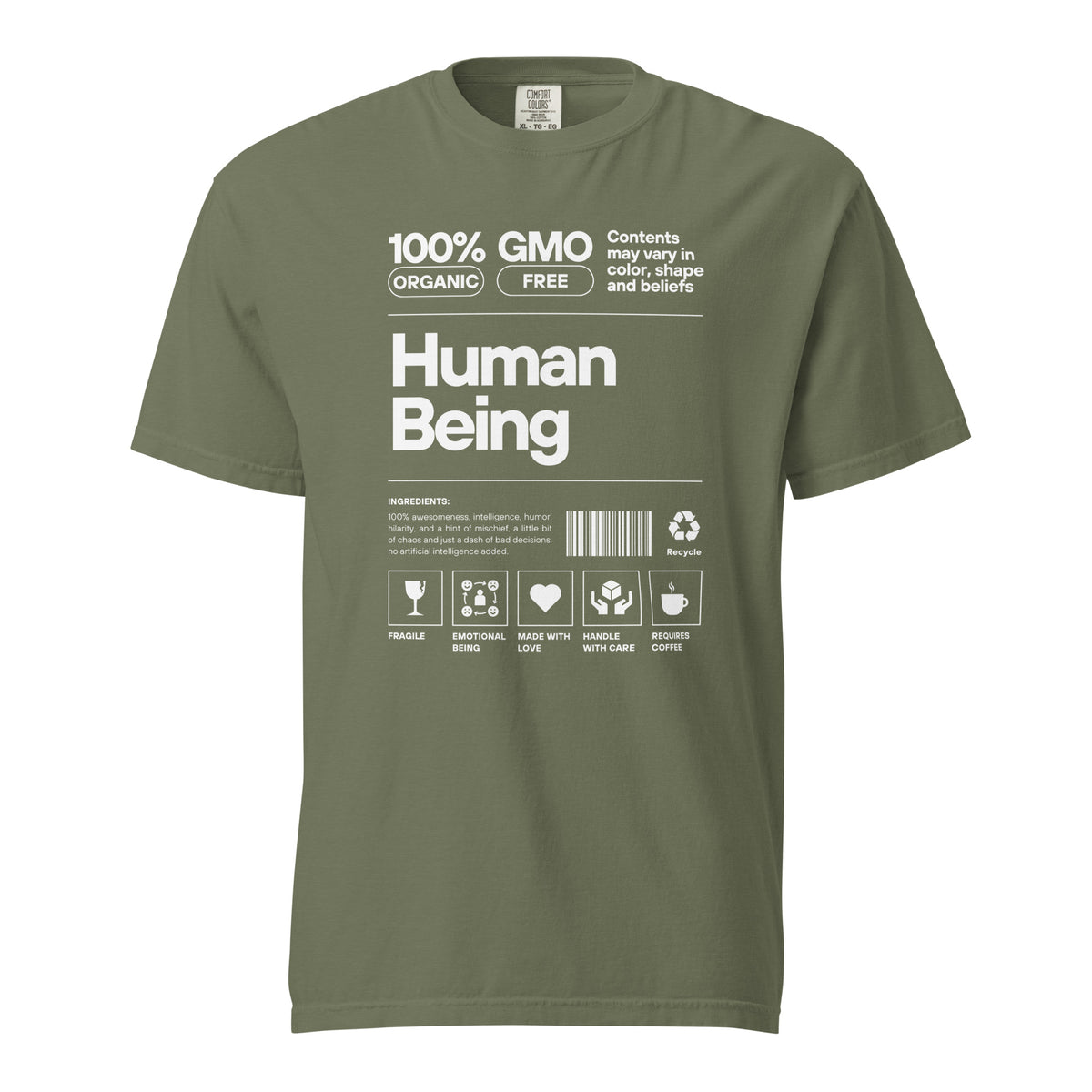 Moss T-shirt, front view, with a white label-style 'Human Being' design with small icons.