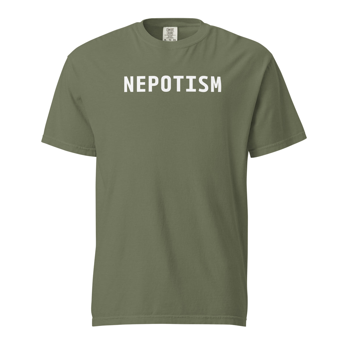 Moss T-shirt, front view with white "NEPOTISM" lettering.