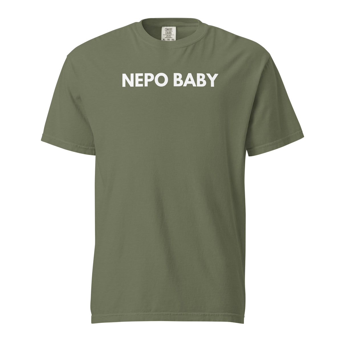 Moss T-shirt, front view, with white 'NEPO BABY' lettering.