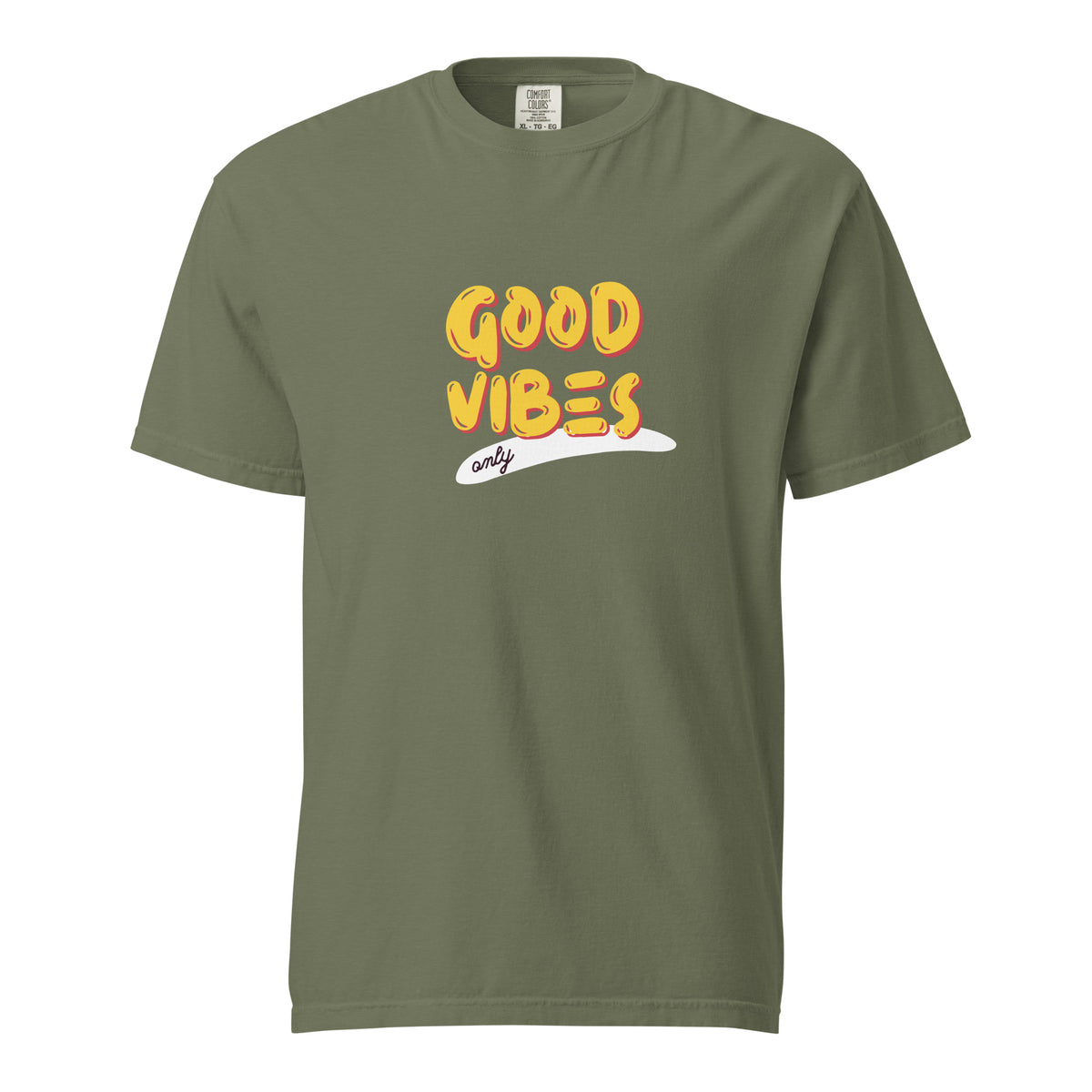 Moss T-shirt, front view with yellow "Good Vibes" lettering and a white underline.