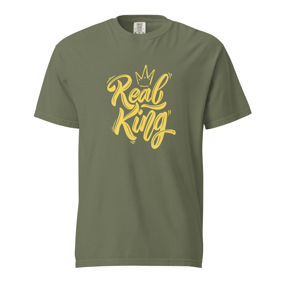 Moss T-shirt with yellow Real King script and crown, front view.
