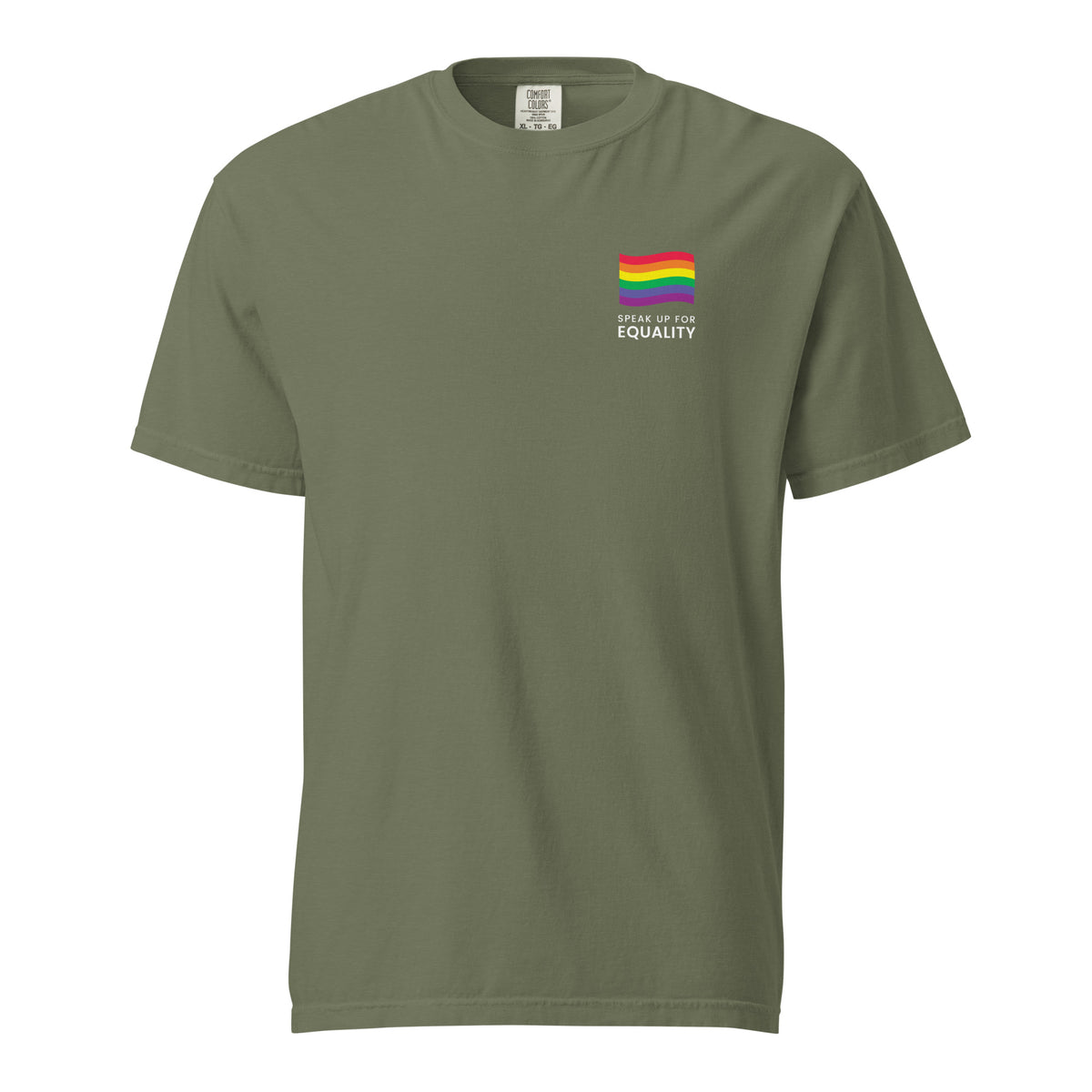 Moss T-shirt with a rainbow flag and equality message, front view.