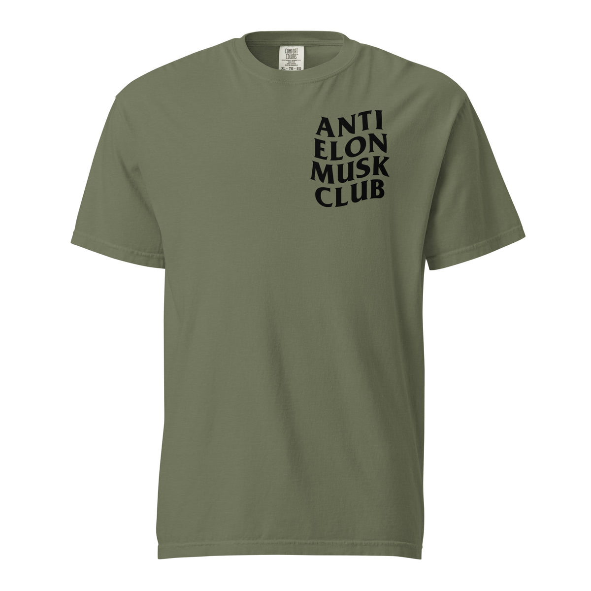 Moss T-shirt, front view with small black "Anti Elon Musk Club" chest lettering.