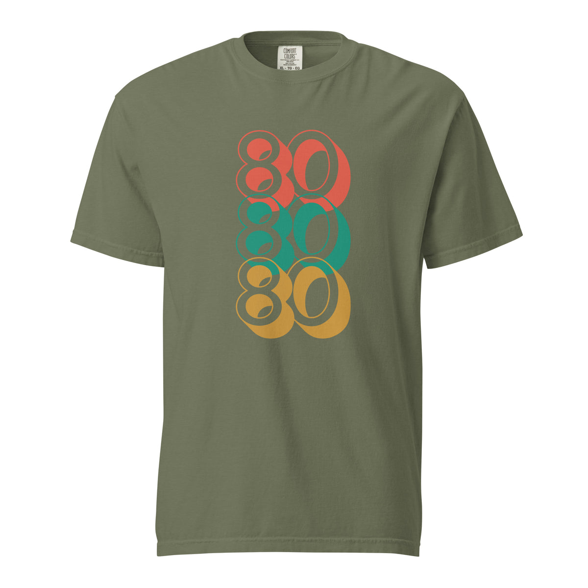 Moss T-shirt, front view with stacked red, green and yellow "80" numerals.