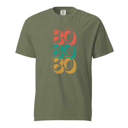 Moss T-shirt, front view with stacked red, green and yellow "80" numerals.