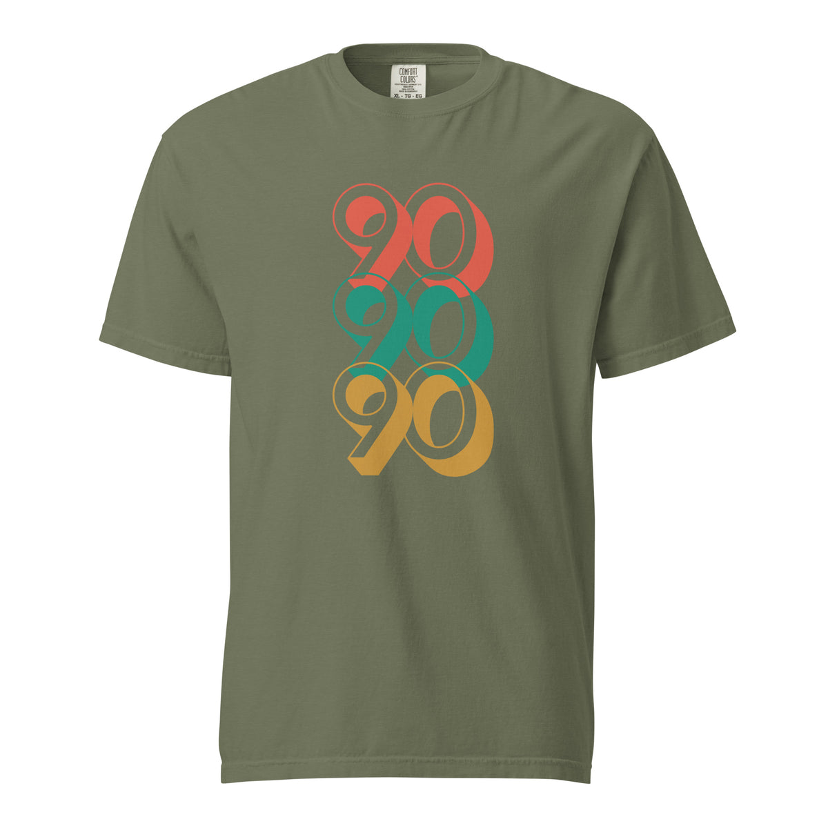 Moss T-shirt with stacked red, green and yellow 90 numerals, front view.