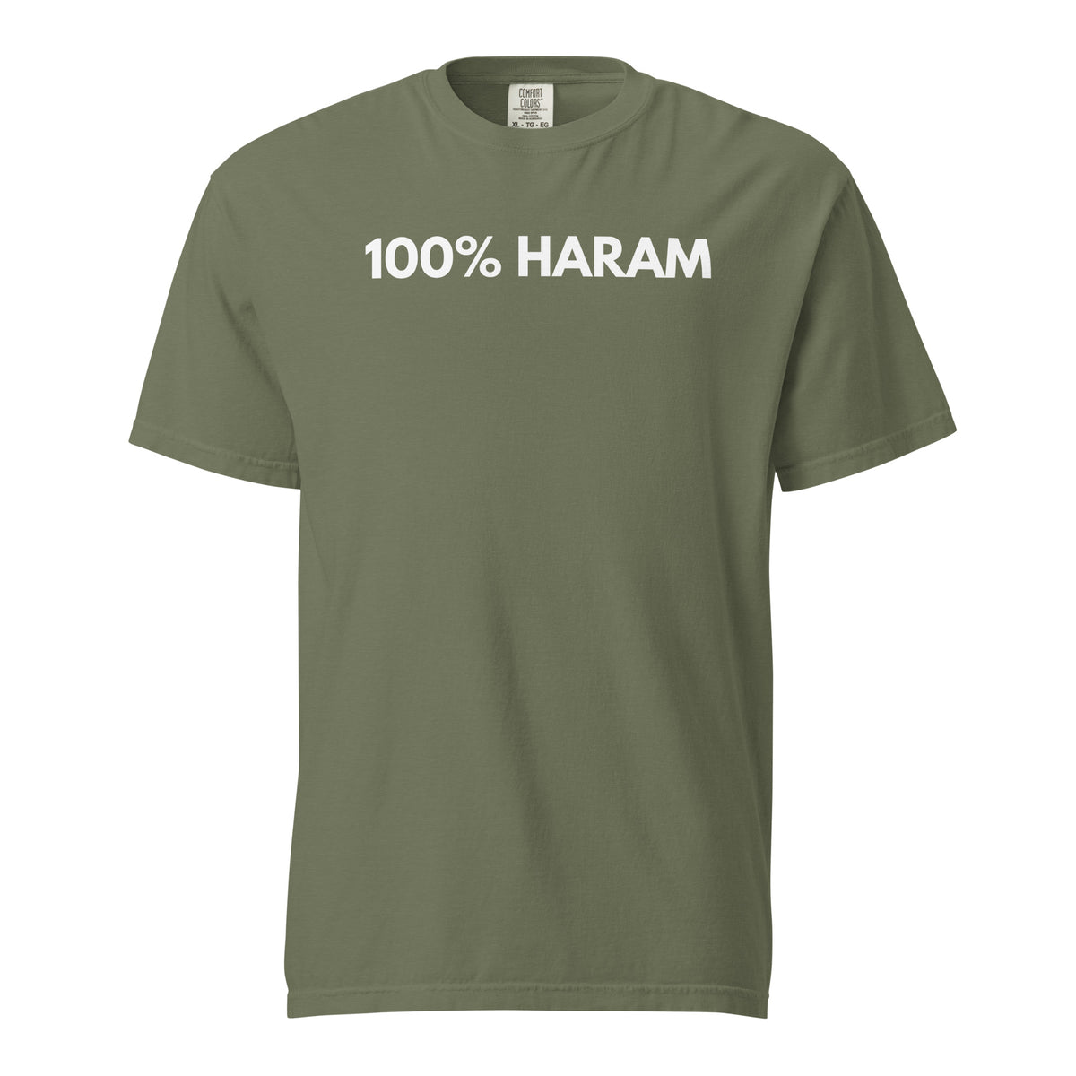 Moss T-shirt, front view, with white '100% HARAM' lettering.