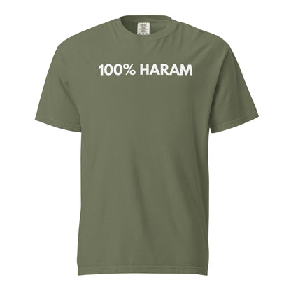 Moss T-shirt, front view, with white '100% HARAM' lettering.