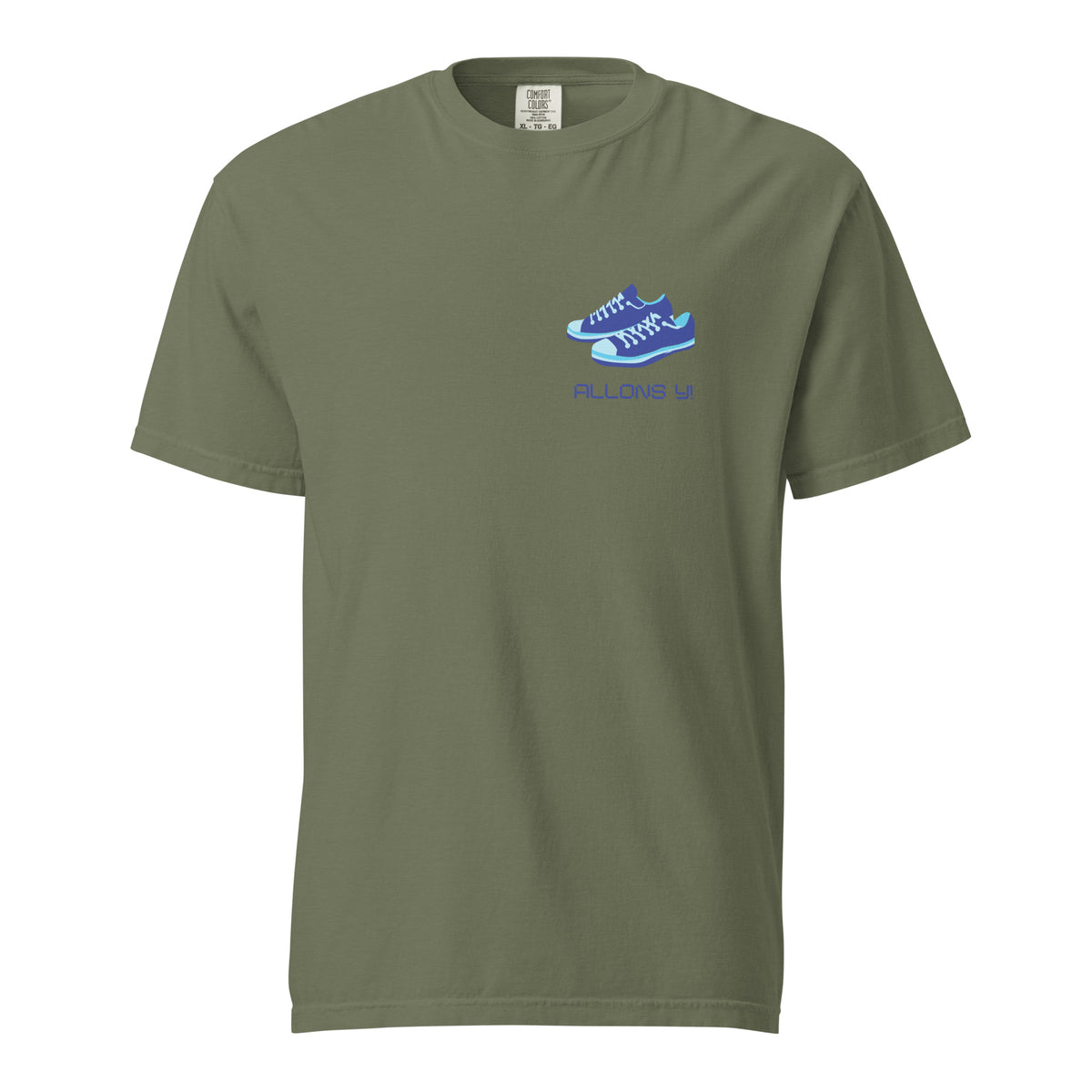 Moss T-shirt, front view with blue sneakers and "Allons Y" chest lettering.